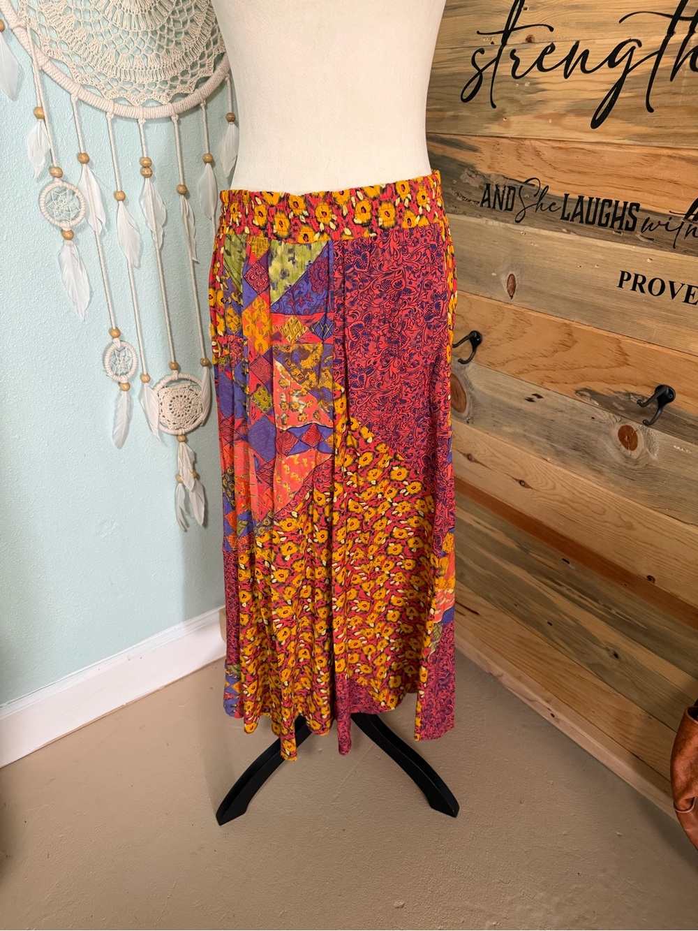 Vintage Patchwork Asymmetrical Floral Midi Skirt - Red, Yellow, Purple